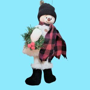 Glove Snowman Ornament Shelf Sitter Black Hat Red Plaid Scarf Unique Handmade